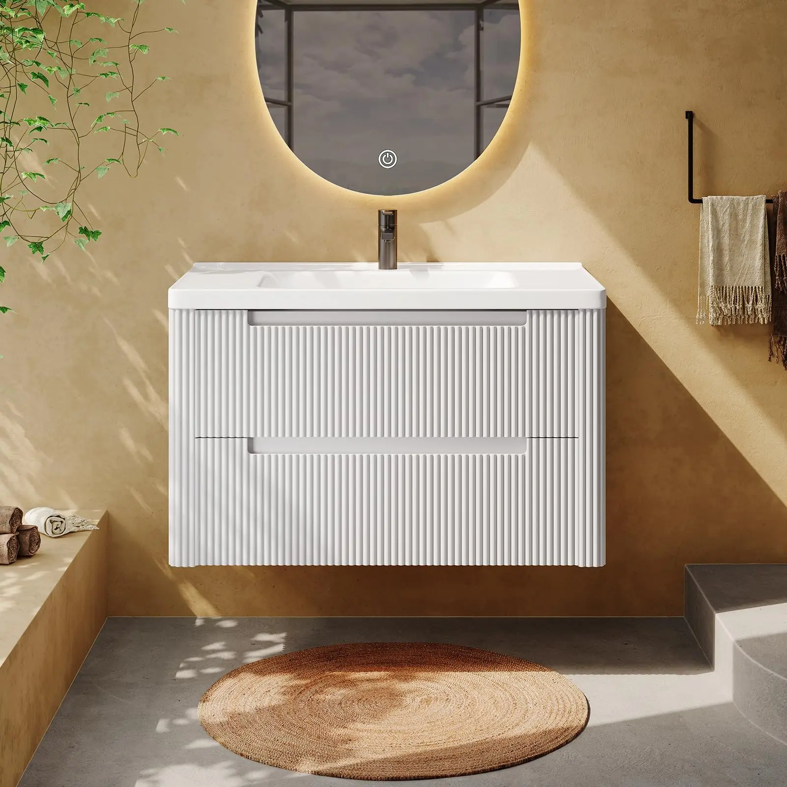 【SummerFinds】ONBRILL Modern Bathroom Vanity with Sink Combo, Curved Floating Bath Vanity with 2 Soft Close Drawer, Wall Mount Bathroom Vanities with Integrated Ceramic Sink for Small Space, Apartment