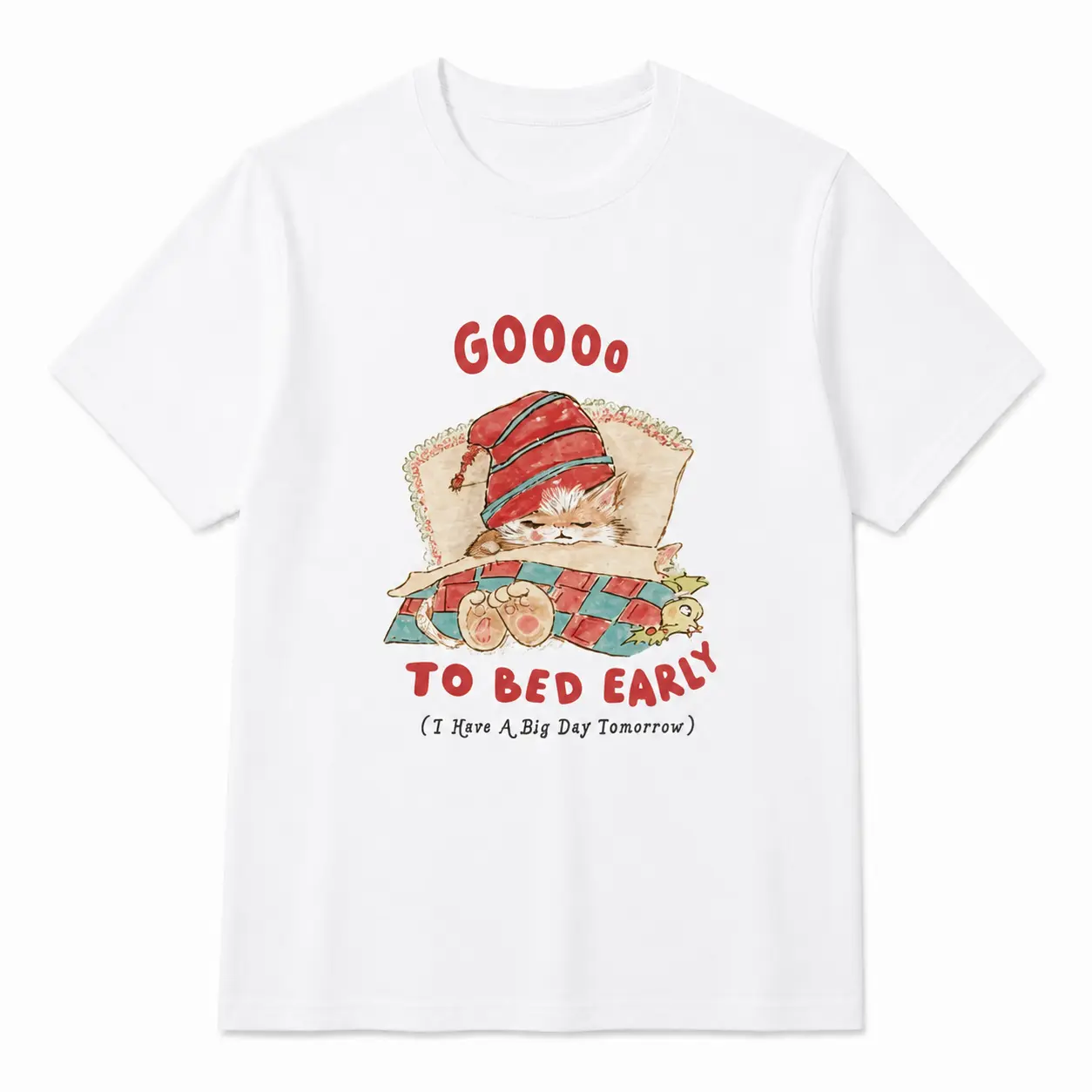 Women’s White Graphic T Shirt Sleepy Cat Pajama Print Funny Bedtime Quote Tee Gooo To Bed Early Cute Crew Neck Short Sleeve Casual Summer Animal Graphic Top   1997