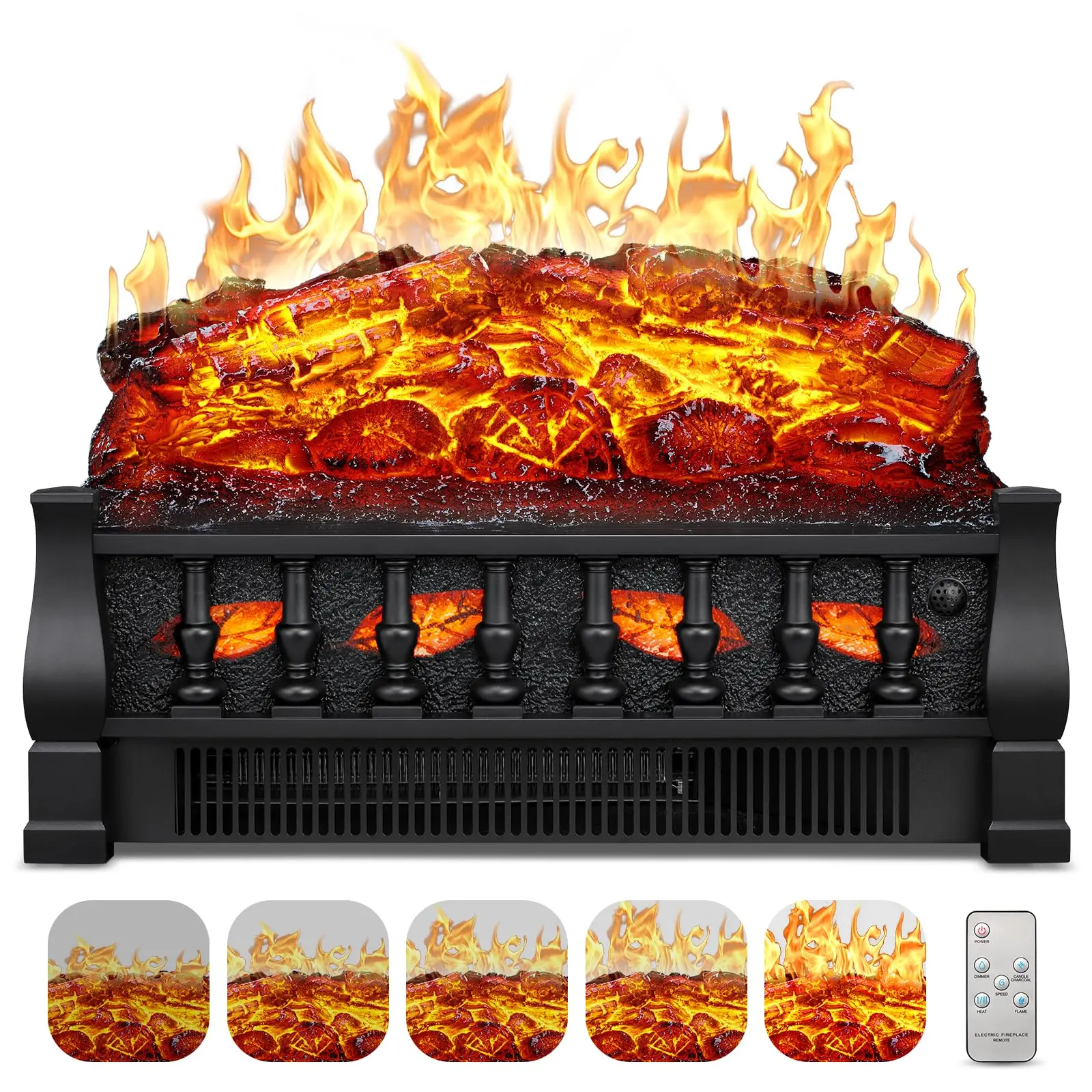R.W.FLAME 21" Electric Fireplace Insert Log Heater, 750W/1500W Adjustable Heating Temperature, 5 Flame Brightness & Speed Settings, Realistic Ember Bed, Traditional Brown Logs, Overheat Protection, Remote Control