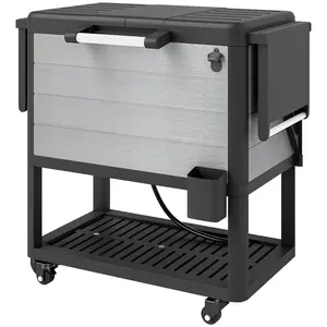 Gray one hundred four quart large capacity rolling outdoor cooler cart insulated cold retention structure multi foldable shelves built in opener for backyard party beverage fresh keeping storage
