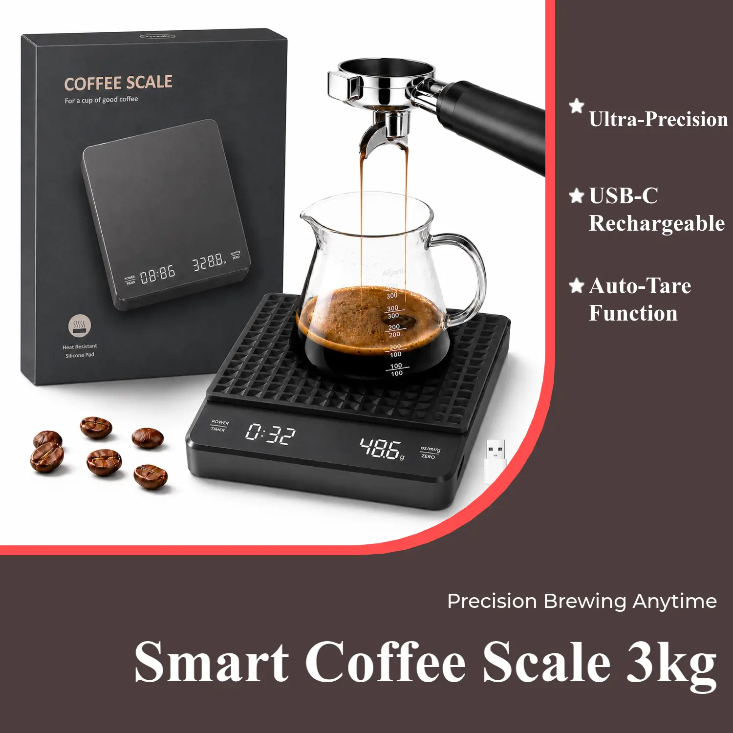 Coffee Scale with Timer, 3kg/0.1g Ultra-Precision Smart Scale, Rechargeable Digital Espresso Scale for Espresso/Pour-Over Coffee/Matcha, Portable Digital Kitchen Scale for Food, Black
