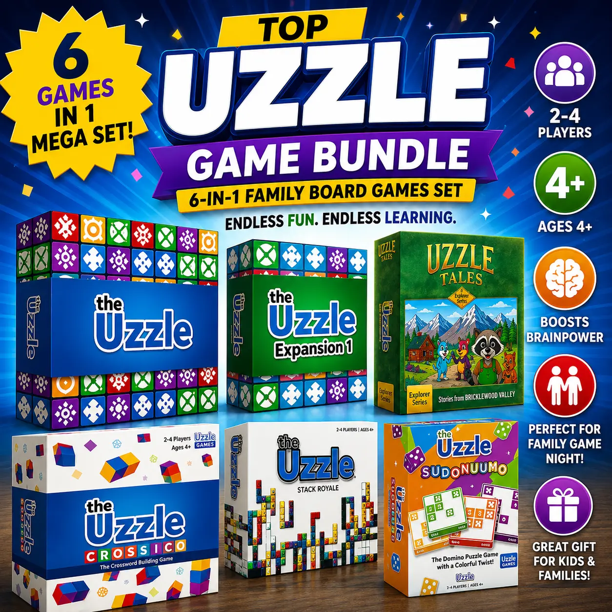 Top Uzzle Game Bundle – 6-in-1 Family Board Games Set | The Uzzle, Expansion, Crossico, Stack Royale, Uzzle Tales & Sudonumo | Educational Kids Games | Ages 4+