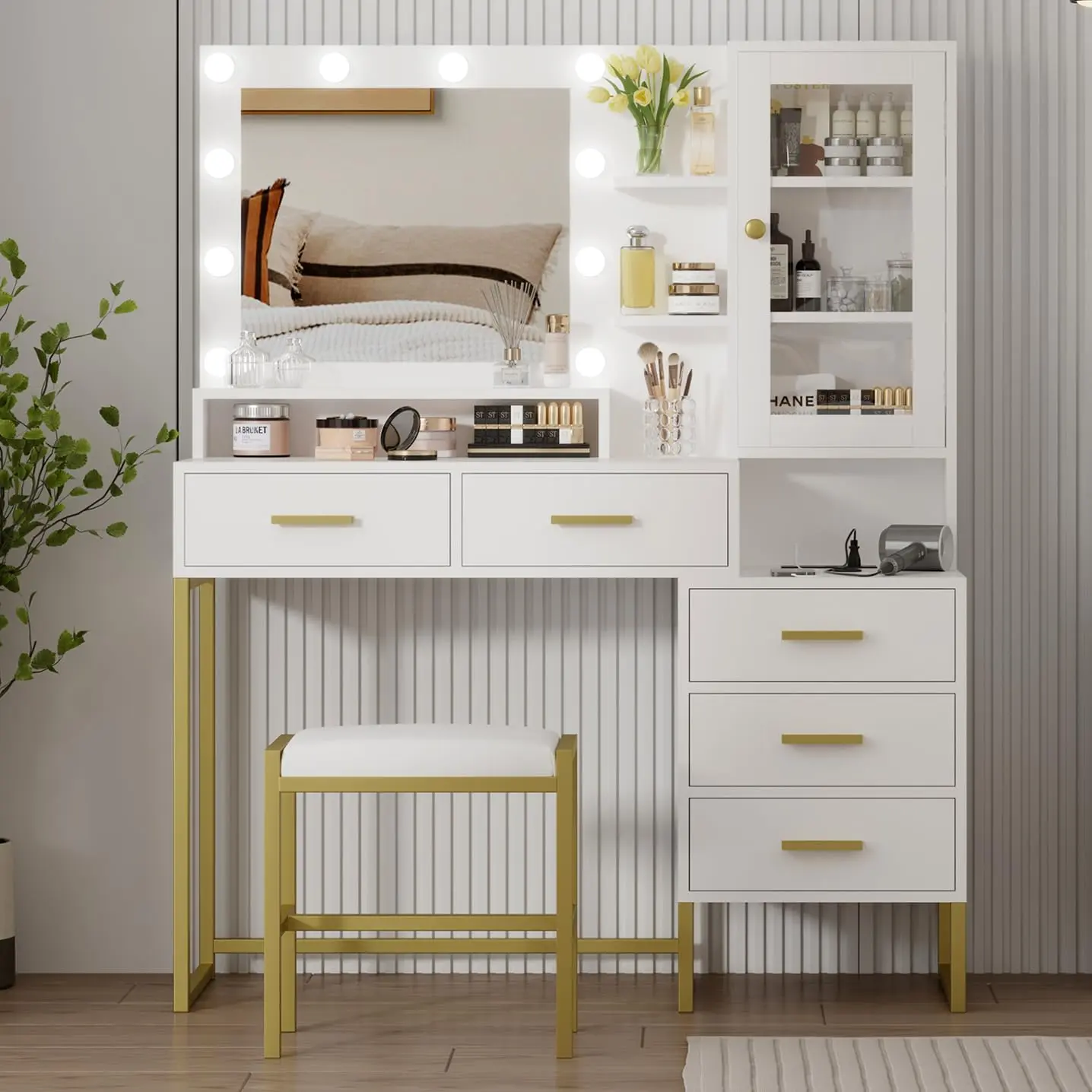 Garvee Large Makeup Vanity with Stool and Led Lights - Vanity Desk with Adjustable Mirror, Charging Station, and Ample Storage, White