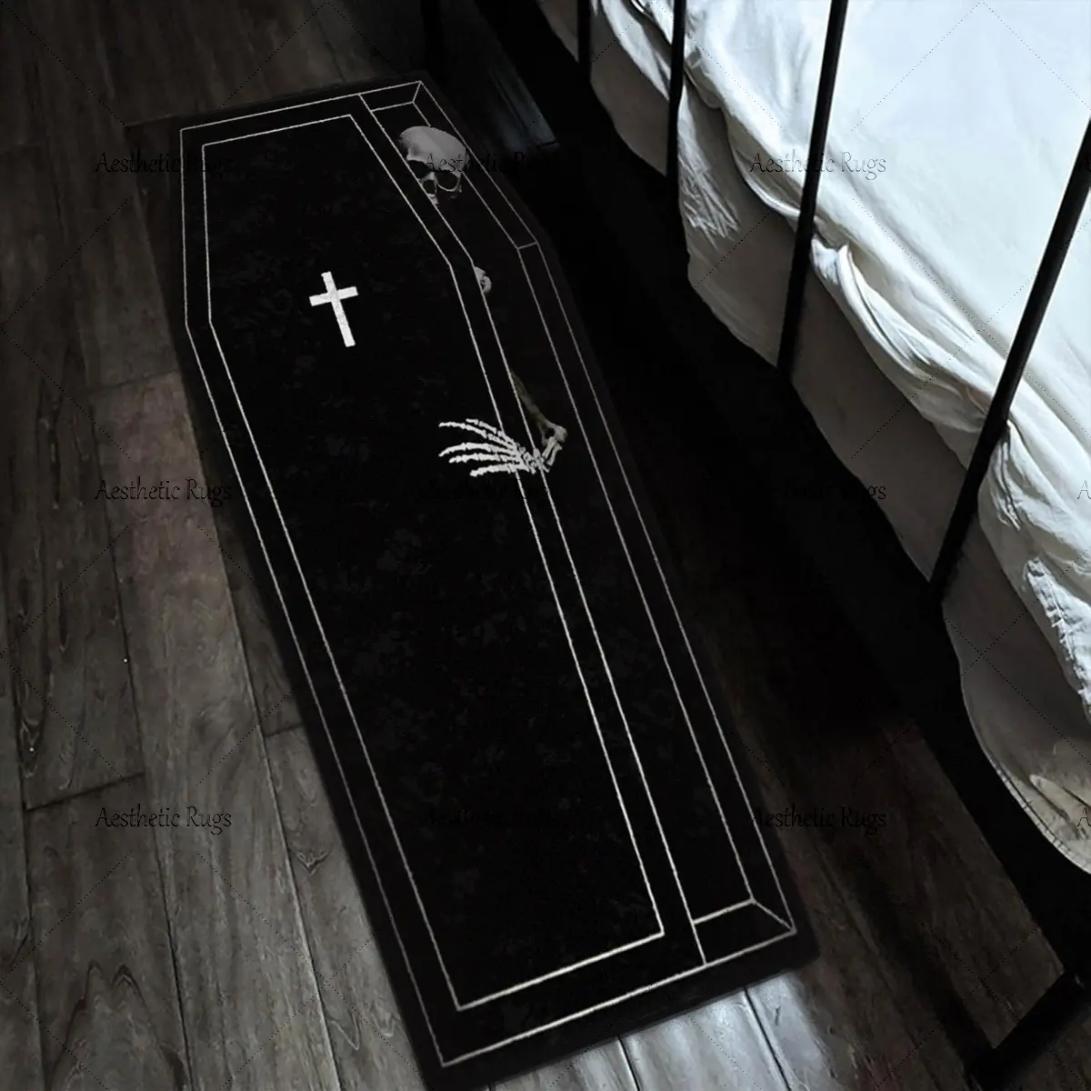 Dark Horror Skull Coffin Carpet, Halloween Home Decor Area Rug, Reflective Fabric, Durable Short Pile, Easy to Clean, Suitable for Living Room Bedroom, Household Decorative Rug