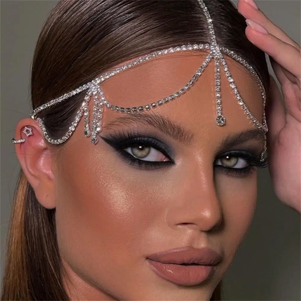 FashionUS - Simple Rhinestone Hair Chain Band Accessories for Women Party Crystal Headpiece Bridal Forehead Jewelry Tiara Fringe Headdress