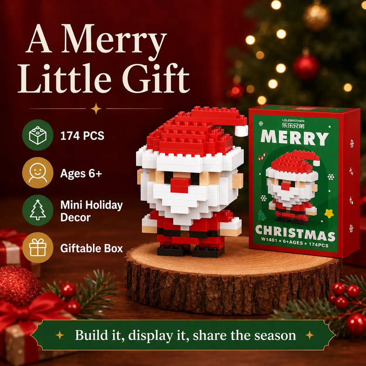 Christmas Building Blocks Set, 174 Pieces Santa Claus Mini Building Kit for Kids Ages 6+, DIY Holiday Decoration Toy