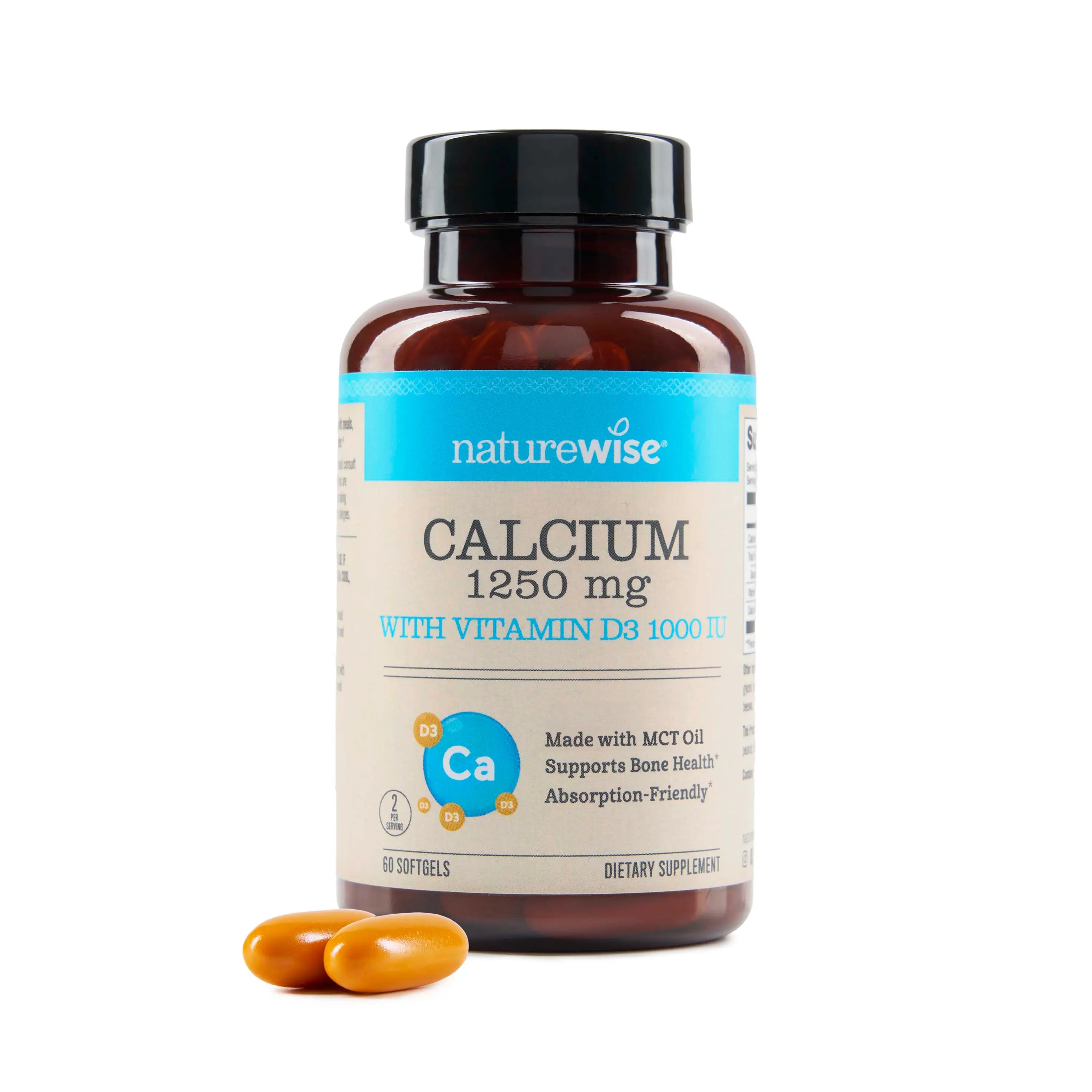 NatureWise High-Purity, All-Natural Calcium 1250mg + Vitamin D3 1000IU + Organic MCT Coconut Oil - Pregnancy Safe + Non-GMO - Absorption Friendly Softgels, Gluten Free - USA Manufactured