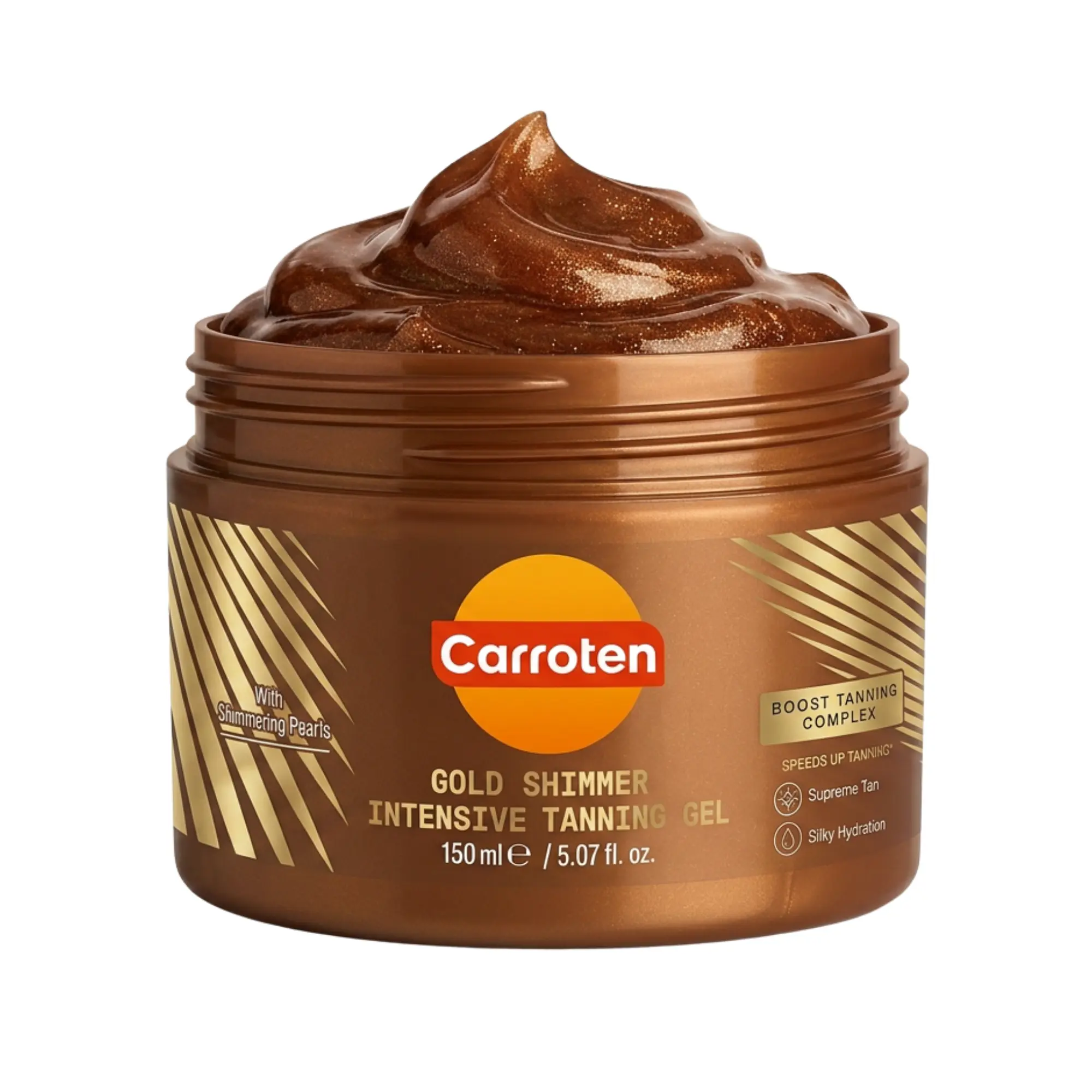 Carroten Gold Shimmer Tanning Gel | Browning Tan Accelerator | Non-Greasy, Water-Resistant with Carrot & Coconut Oil | Vitamin A & E For Moisture & Hydration | 5 Fl Oz