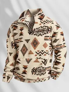 Men's Winter Tribal Print Sherpa Fitted Hoodie with Kangaroo Pocket | Warm Fleece Quarter Zip Thermal Sweatshirt | Casual Streetwear Pullover for Camping, Ski Trip & Outdoor Cabin Vibes