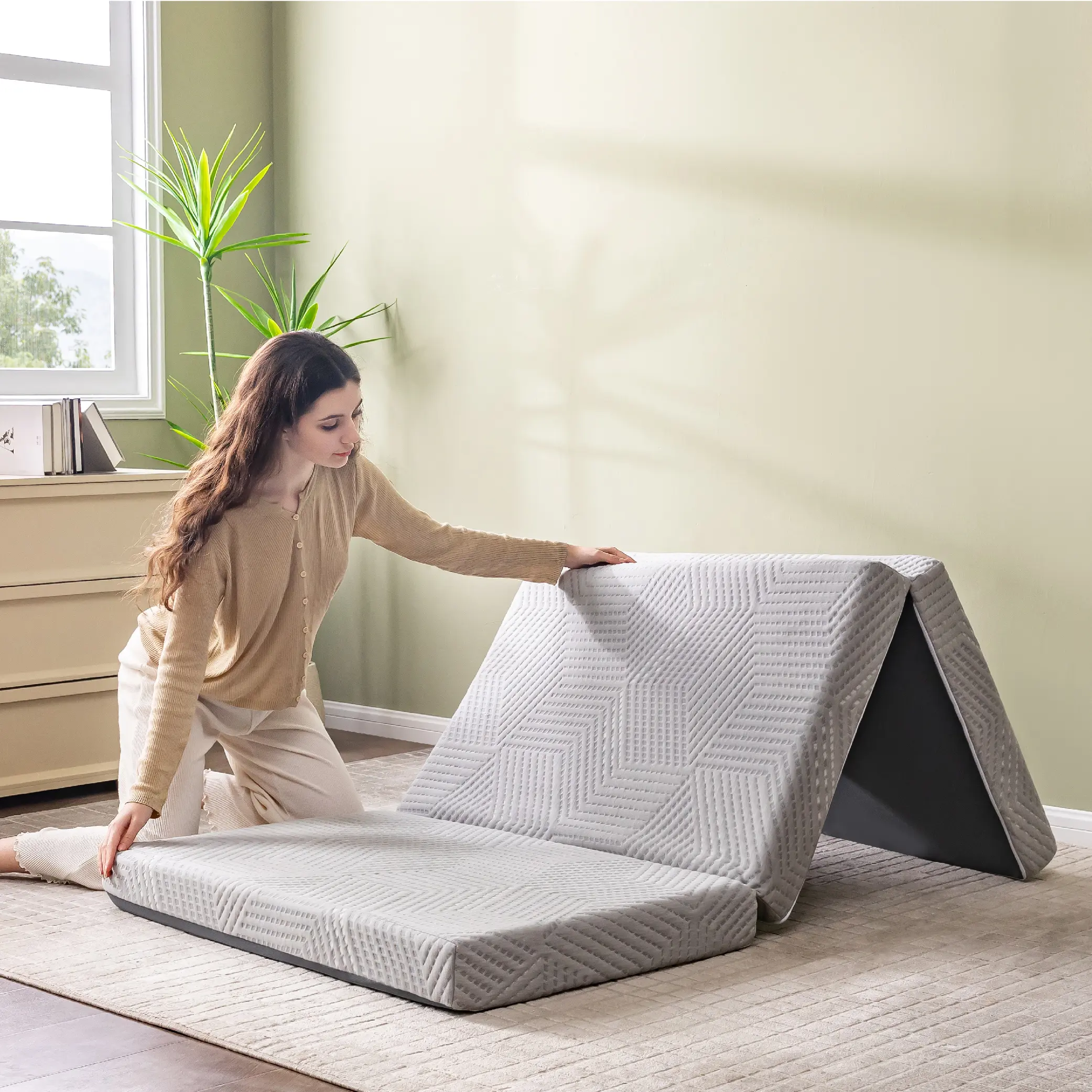 EGO Tri Folding Memory Foam Topper 4 Inch, Twin Full Queen King Guest Bed Dorm Room Comfortable Camping Sleepover Pressure Relief Travel Mattress