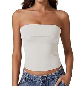 QINSEN Women's Tube Tops Strapless Bandeau Tops Double Lined Slim Fit Summer Going Out Tank Tops