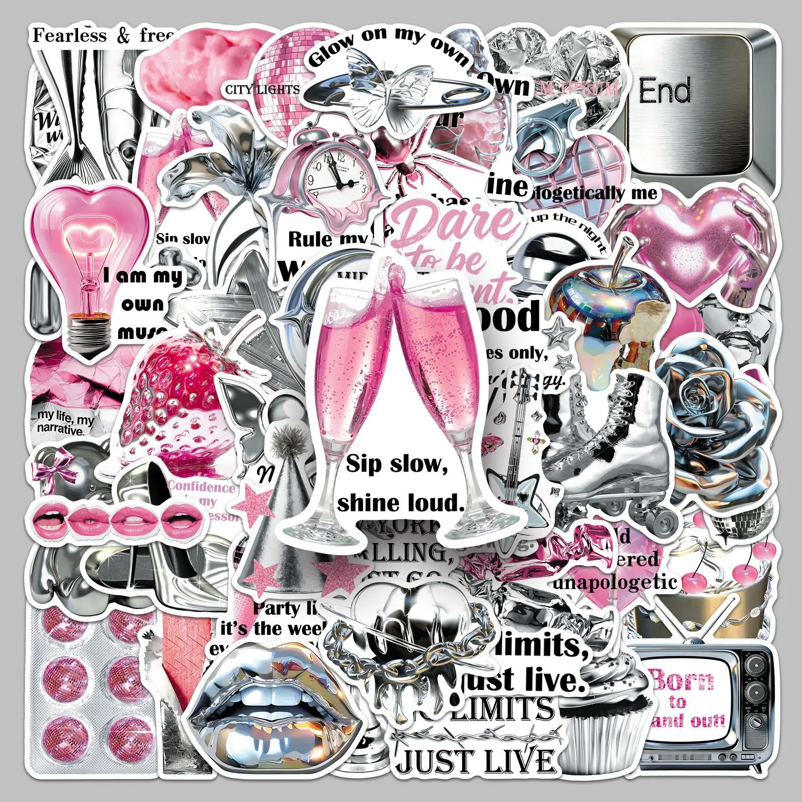 50 Pieces of Y2K Silver Glitter Stickers Decals, Suitable for Scrapbooks, Diaries, Laptops, Water Bottles, Cars, and Other Faith-based Designs; A Gift with A Positive Message.