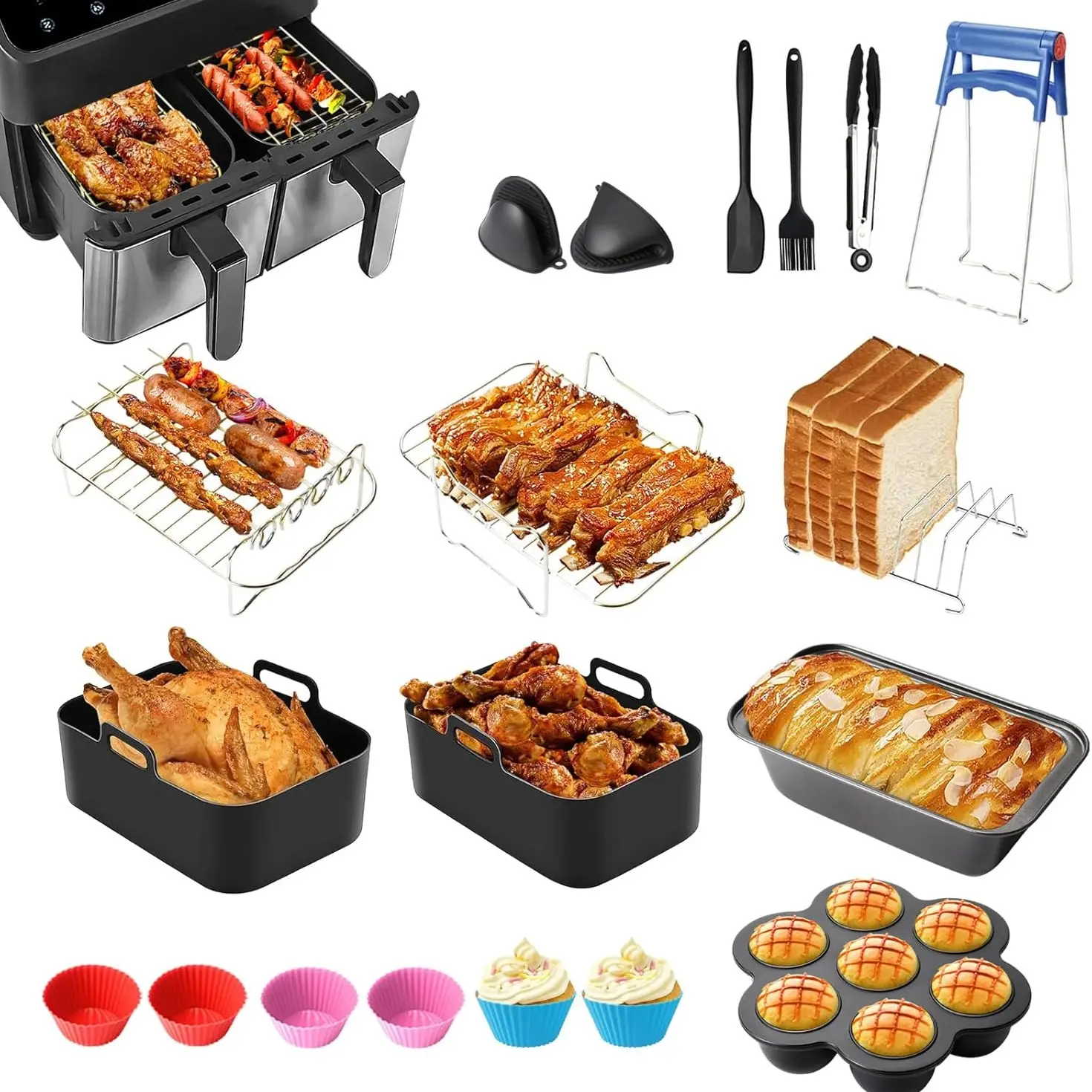 Air Fryer Accessories Set, 12Pcs for Ninja/Tower/Instant Vortex/Salter 7.6L-9.5L Dual Air Fryer, Including Silicone Air Fryer Liners, Racks, Gloves, Bread Pan and Tools, Air Fryer Accessory Set Kitchen