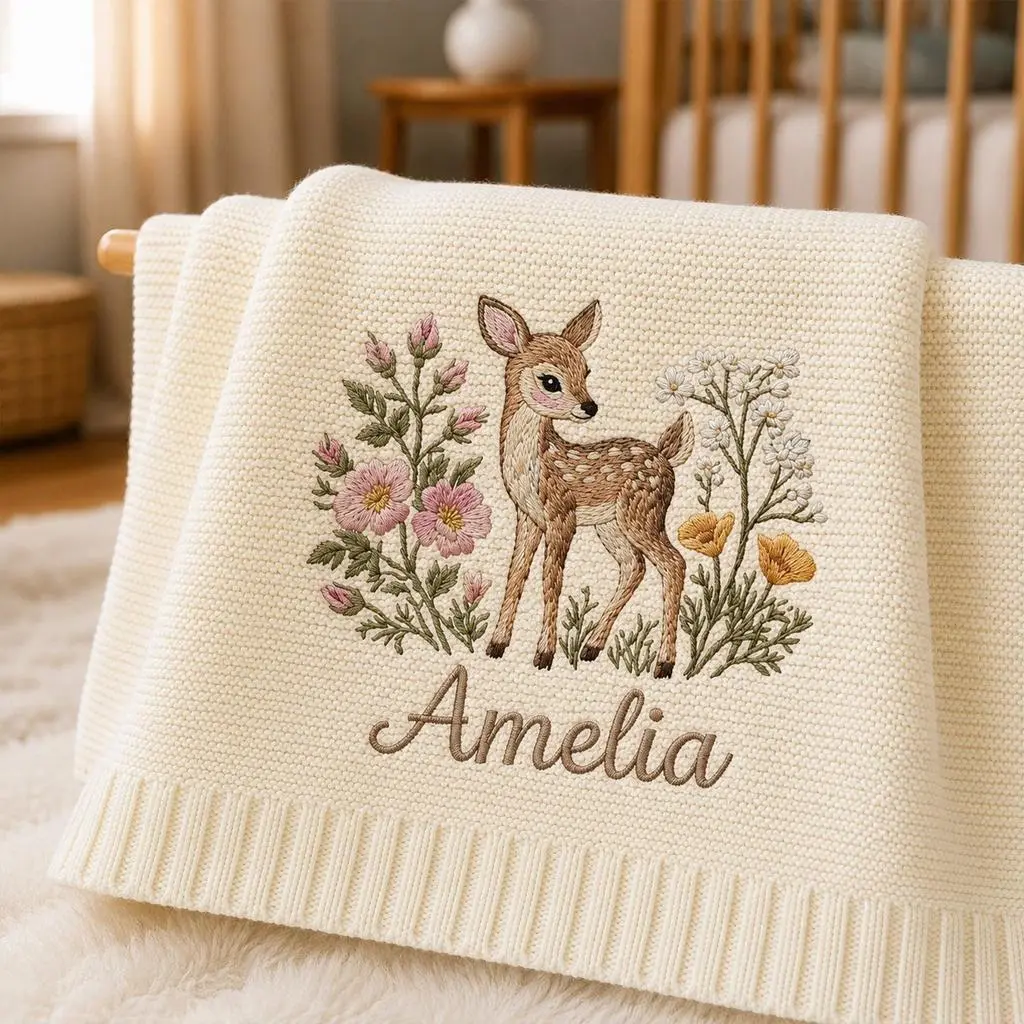 [Made-to-Order] Personalized Embroidered Deer Wildflower Baby Blanket, Custom Knit Baby Blanket with Name for Newborn, Floral Woodland Nursery Gift, Newborn Keepsake Gift