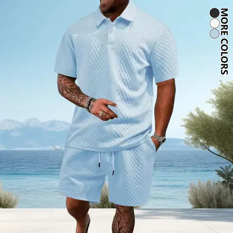 Men's 2-Piece Summer Beach Clothing Set - Casual Jacquard Short Sleeve Shirt, Elastic-Waist Shorts, Polyester, Breathable, Fashionable, Fitted, Comfortable Vacation Outfits
