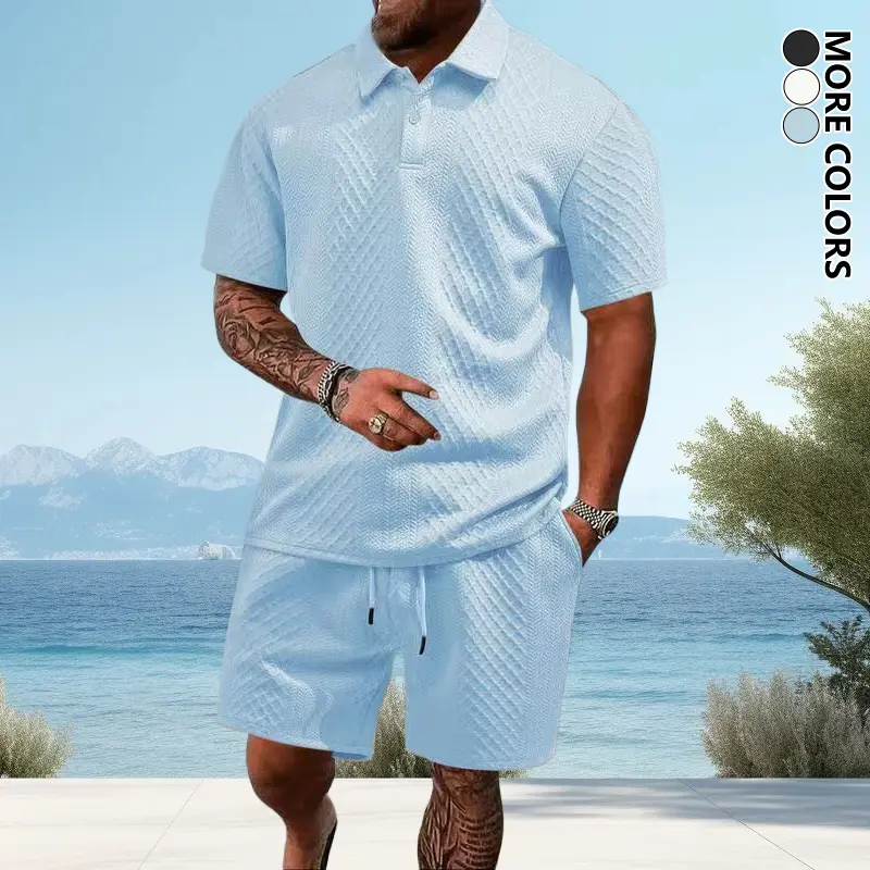 Men's 2-Piece Summer Beach Menswear Set - Casual Jacquard Shortsleeve Polo Shirt & Elastic-Waist Shorts, Polyester, Breathable, Stylish, Plain, Comfortable Fit, Ideal Vacation Outfits Inspo