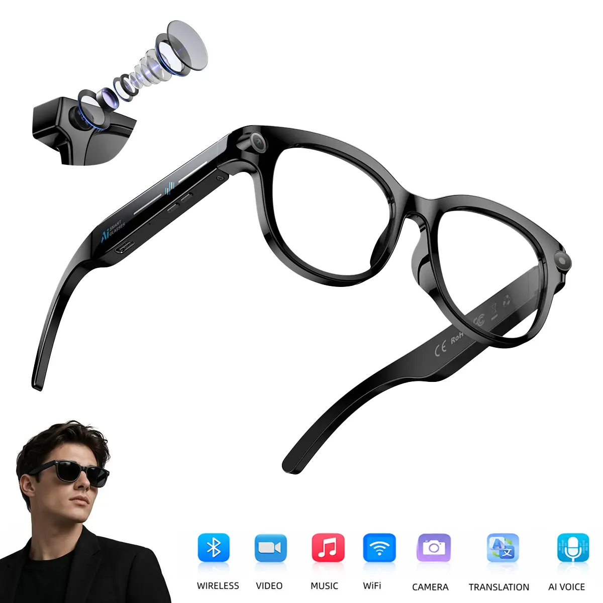 Wearable Wireless Smart AI Camera Glasses - Single Pair, HD Video Recording, Real-Time Translation, Bluetooth, Noise Cancelling, Interchangeable Lens Compatibility, Phone-Connected Tech Gadget for Travel Vlogs (Toys & Hobbies Digital Camera Accessory)