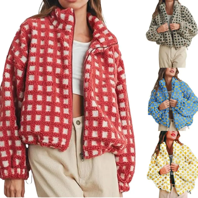 Women's Oversized Plaid Cropped Puffy Faux Fur Sherpa Jacket - Fleece Fabric Longsleeves Outerwear with Loose Fit, Zip-Up Closure, Collared, Elastic Bottom, Drawstring, Adjustable, Soft, Cute for School, Thanksgiving