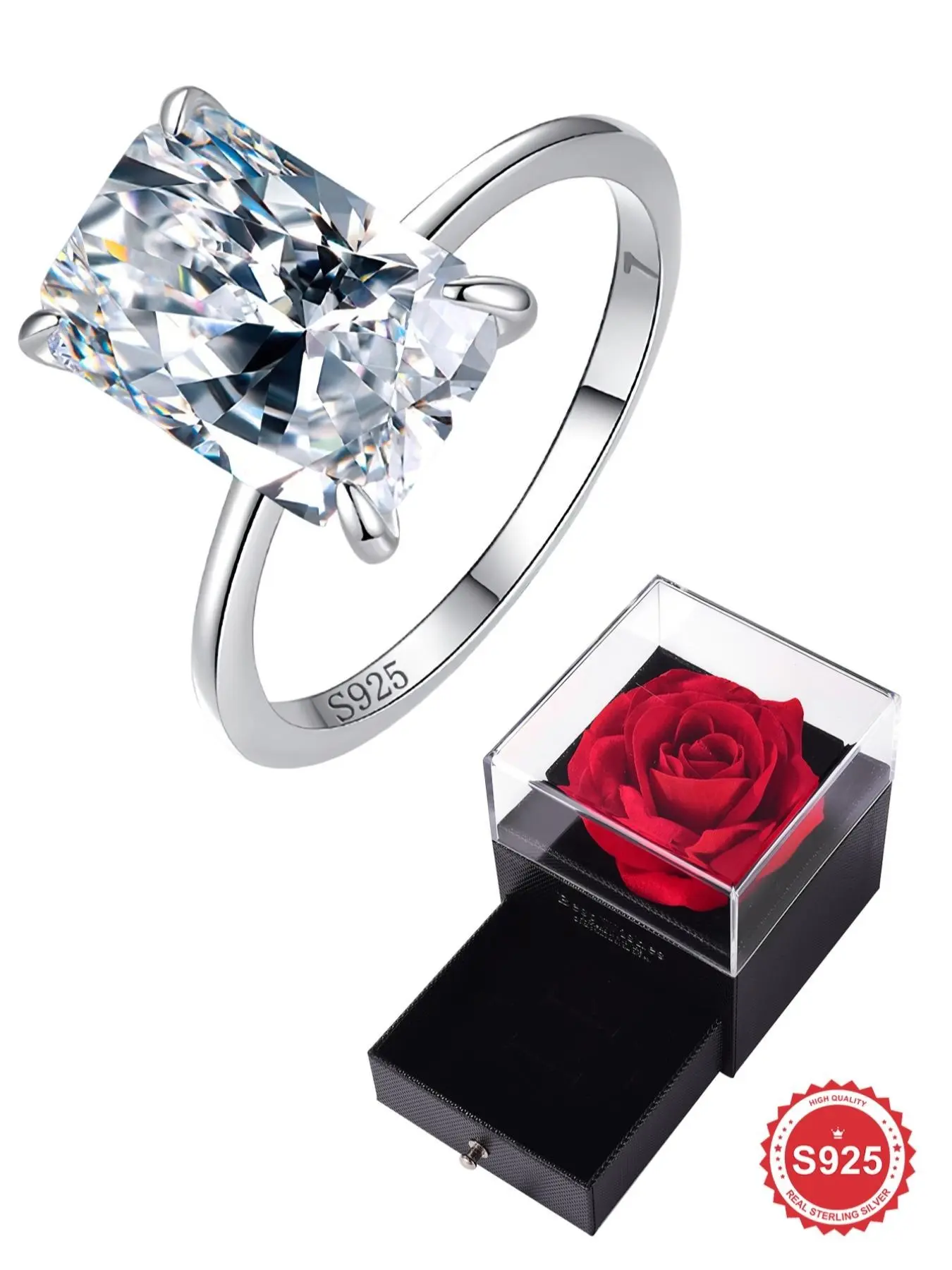 S925 Sterling Silver Fashion Rectangle Shape Zircon Ring, Eternal Promise Engagement Wedding Ring, Ladies Fine Jewelry Anniversary Dating Gift with Rose Gift Box, Engagement Rings