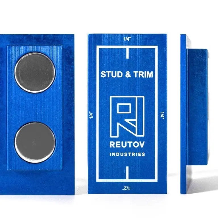 Stud and Trim, stud finder, 1/4" and 1/2" trim reveal gauge, 1/8" door gap reveal gauge, no batteries required, solid aluminum frame