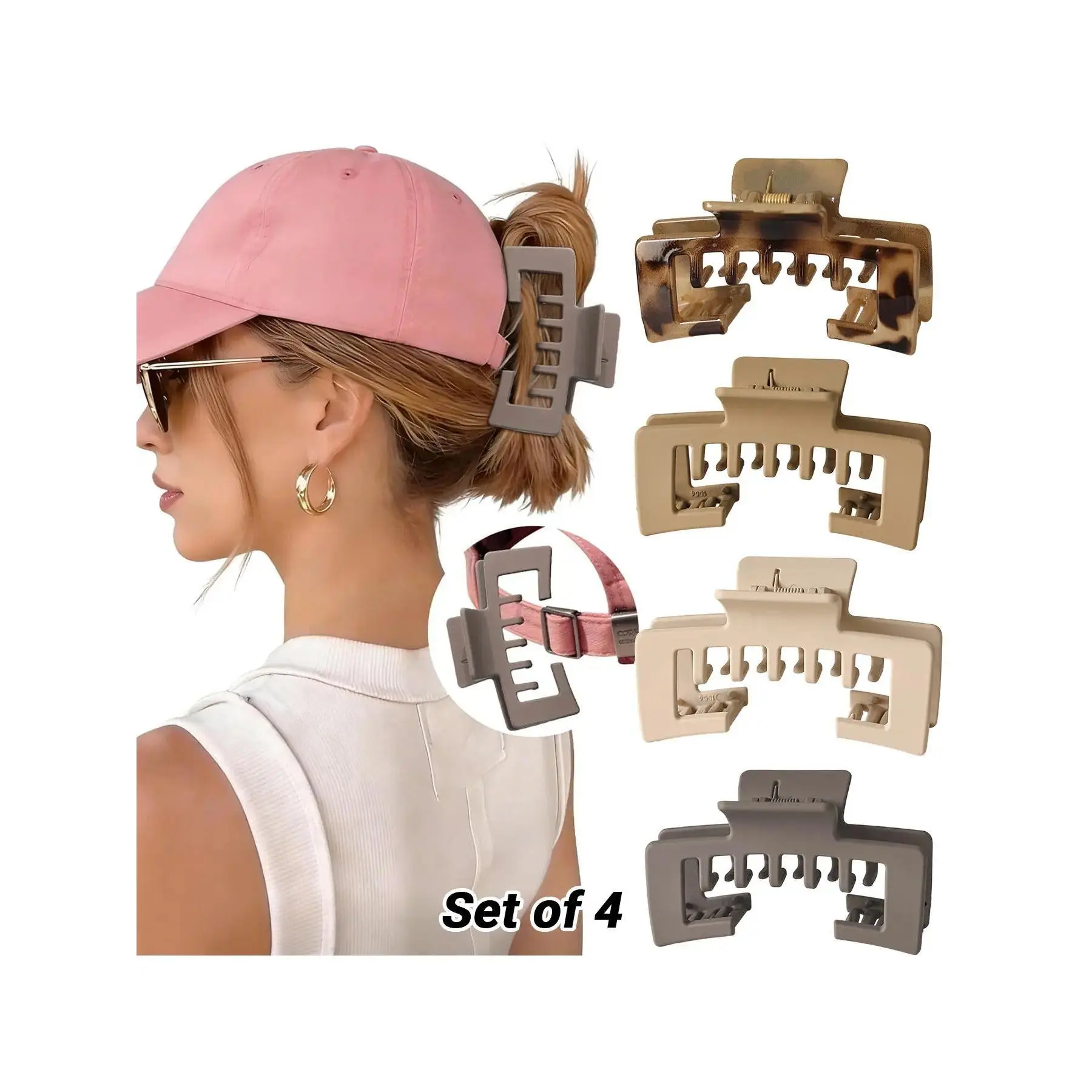 4 PCS Extra Large Claw Clips for Thick Hair, 4 Inch Square Hair Clips for Women, Strong Hold Double Teeth Claw Clip for Hat, Non Slip Rectangle Jaw Clips, Hair Claws, Hair Clip Set, Ideal for high ponytail, messy bun or half-up styles