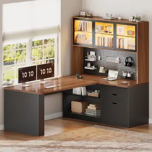 Sedeta Modern L-Shaped Home Office Furniture Desk - 27.5in Wide, 3 Wooden Drawers, Large Bookshelf, LED Light Display Cabinet, Pegboard Base, Gaming Desk for Man Cave Furniture & Efficient Workspace