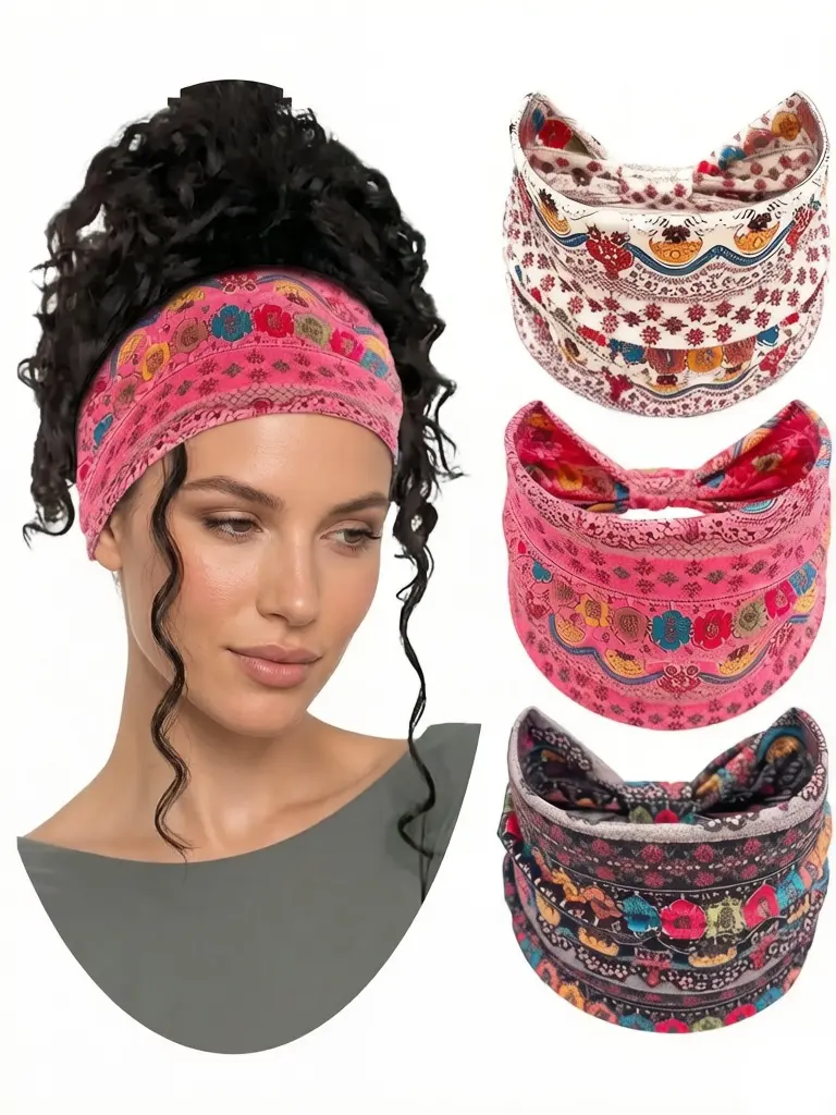 3 Pcs Boho Style Ditsy Floral Printed Hair Band, Soft Elastic Floral Headband, Fashion Casual Versatile Hair Accessories for Daily Outfits, Suitable for Women and Teen Girls