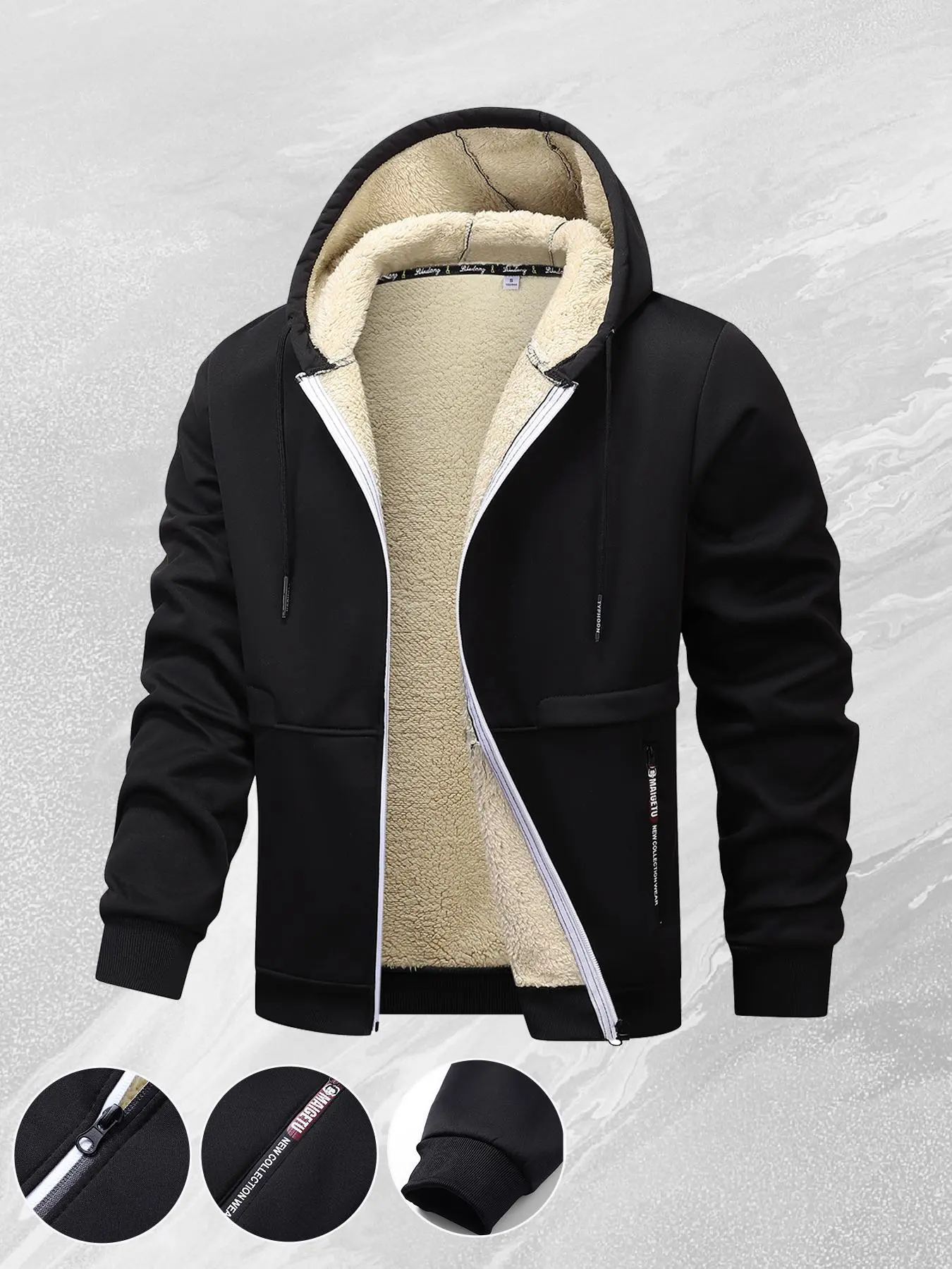 Men's Fitted Hooded Jacket in Soft Woven Fleece, a Casual Plain Thermal Windproof Top with Ribbed Hem for Urban Commuters, Pull On, Xl