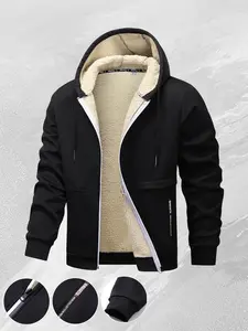 Classic Men's Hooded Warm Jacket with Fleece Lining, Skin-Friendly Thermal Insulation, Adjustable Hat, Ribbed Hem, Urban Commuter Trendy Windproof Coat Beige Casual fathersdaygift
