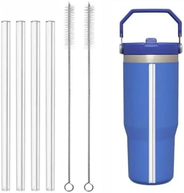Reusable Silicone Drinking Straw Set - Safer Than Metal or Glass Straws, with Cuttable Lid, Cleaner Brush, 30oz Flip Tumbler Cup Replacement Parts, Kitchenware Drinkware Accessories