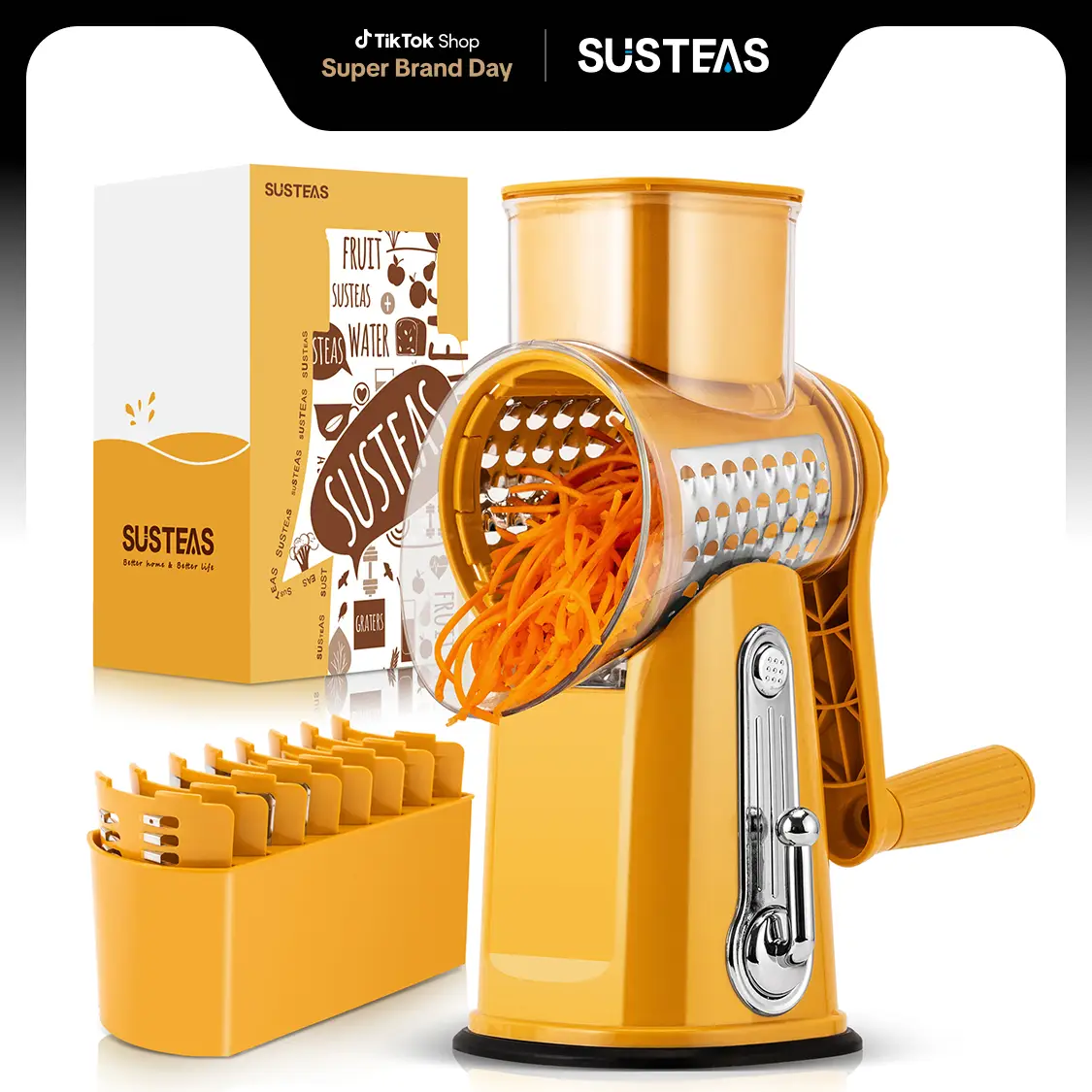 SUSTEAS Yellow Rotary Cheese Grater - Food Chopper with 5 Well-Designed Blades and Powerful Suction Cup Base, Comes with 1 Blade Storage Box Kitchen U