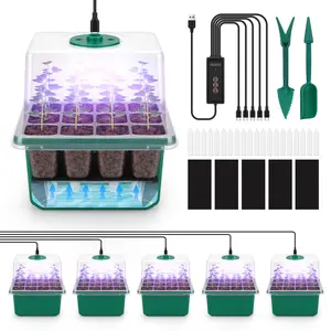 Self-Watering Seed Starter Tray Kit with Grow Light, Humidity Dome, 3 Color Growing Lights, 5-Pack 60-Cell Plant Seedling Trays, Reusable Plastic Germination Trays
