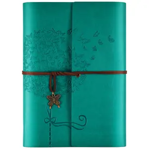 [OMEYA] A5 Leather Journal Notebook, Refillable Trifold Planner with Zipper Pocket, Dandelion & Butterfly Embossed Writing Diary with Card Slots & Strap Closure, 100gsm Thick Lined Paper (Blue/Pink/Purple/Brown)