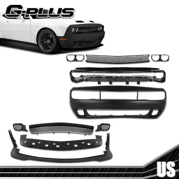 Automotive Full Front Bumper Set - Fit For 2015-2023 Dodge Challenger, Hellcat Style, Aesthetic Upgrade Full Kit, Includes Parts (Auto Replacement Body & Frame Component)