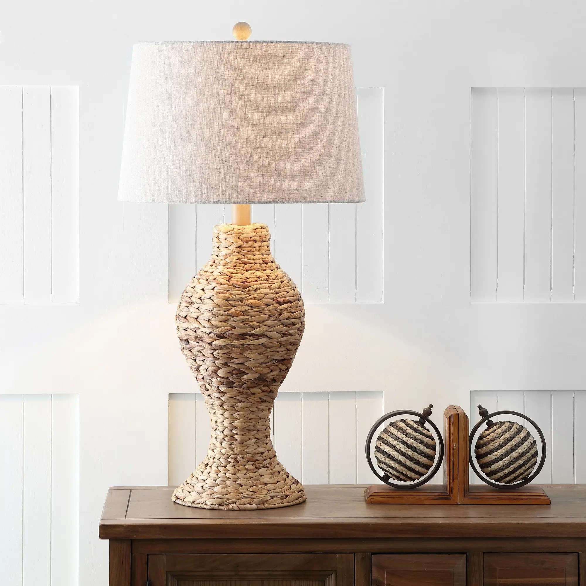 JONATHAN Y Elicia Coastal Cottage Water Hyacinth Weave LED Table Lamp , for bedroom, living room, foyer, hallways, dining room, dorms