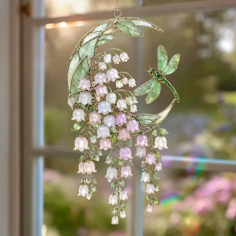 Cottagecore Moon Lily of the Valley Suncatcher Dragonfly Window Hanging Stained Glass Style Acrylic Wall Art Decor Mother's Day Garden Hanging Ornament Gift