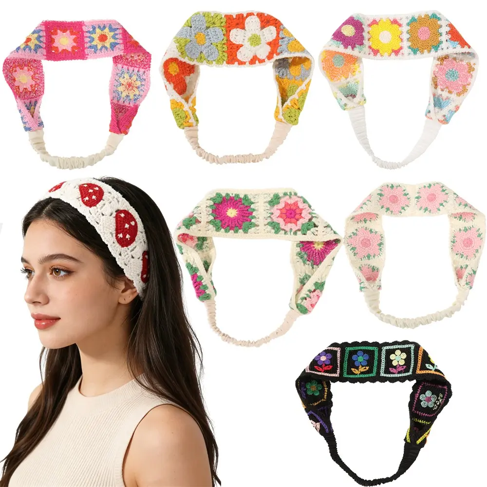 Women's 6-Pack Handmade Cotton Knit Crochet Headbands for Women - Boho Hollow Mushroom Floral Elastic Wide Fabric Headbands for Daily Use, Beach Hair Accessories, Fashion Headbands