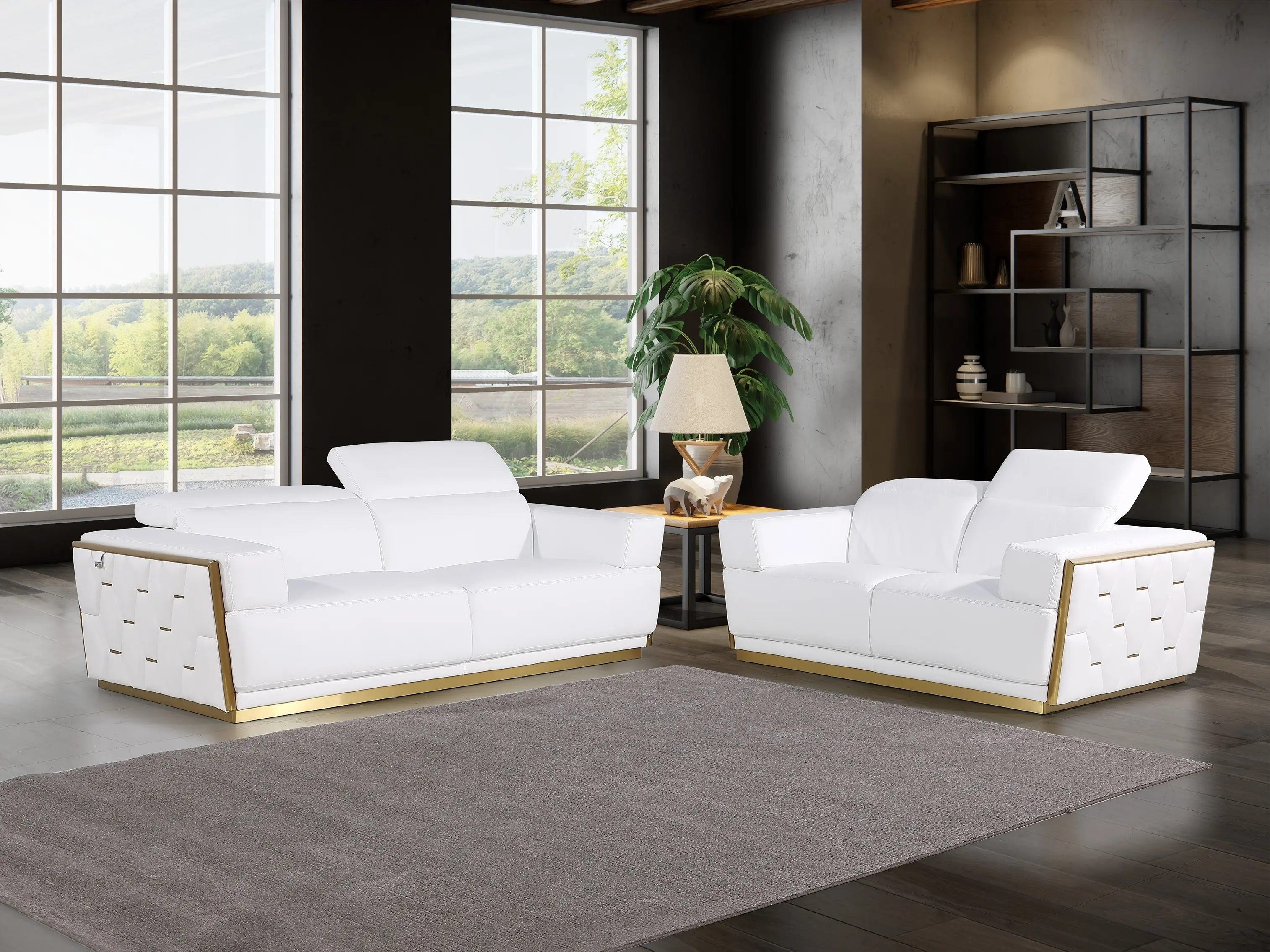 Global United 1111WHT-2PC 2 pc Divanitalia modern White Italian Leather Sofa & Love Seat Set with Gold Accents & Adjustable Headrests for Living Room Furniture