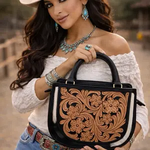 Elegant Floral Embossed Handbag with Black and Tan Design