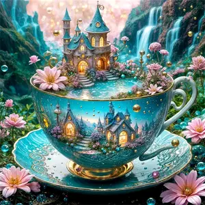 Teacup castle fantasy landscape wall art, Multiple sizes available including square and round diamonds, This 5D DIY diamond painting set diamond art embroidery kit handmade furniture decor holiday birthday art personalized gift, Handicraft