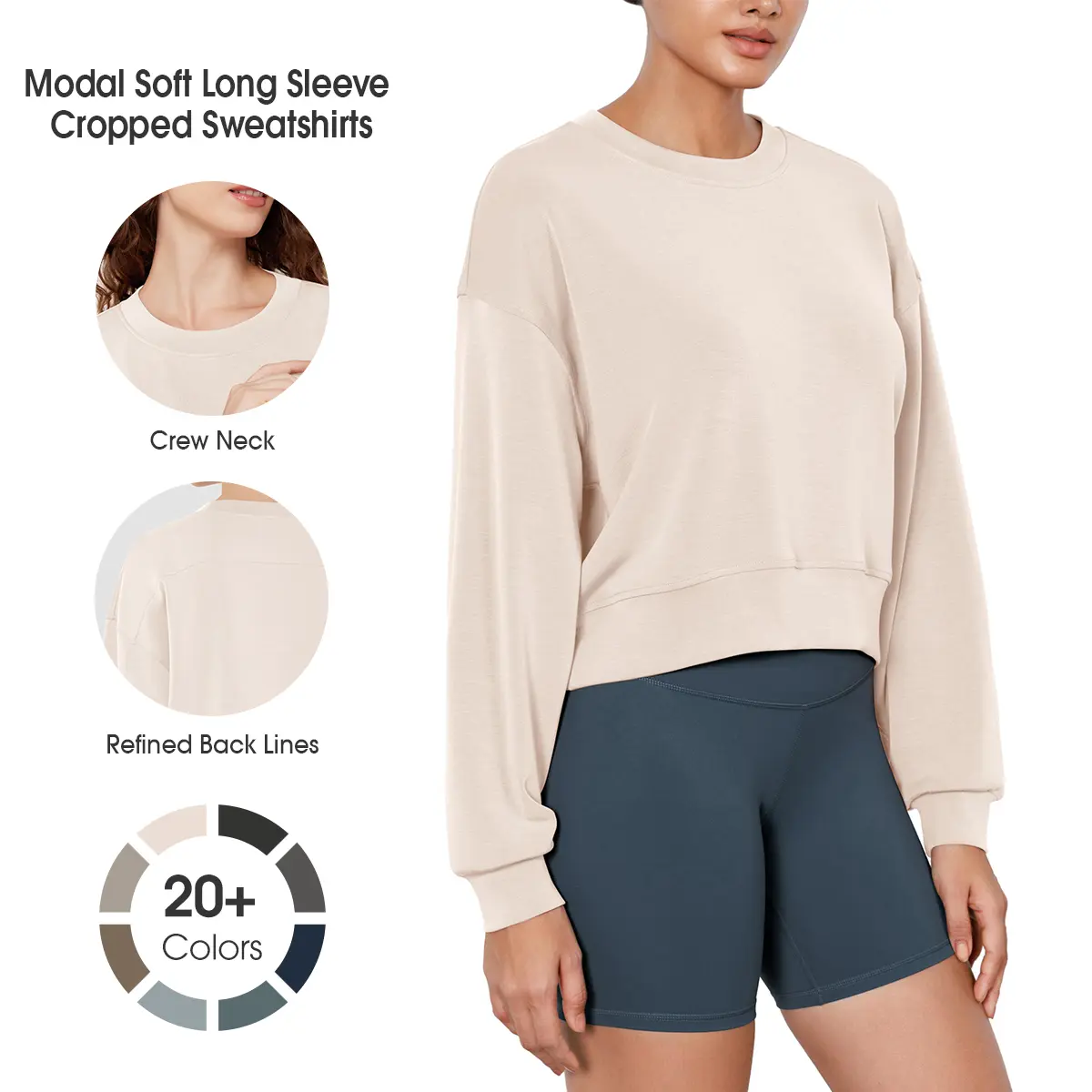 ODODOS Women's Modal Soft Long Sleeve Oversized Crew Neck Cropped Sweatshirt - Smooth, Chic Garment, Breathable Apparel, Comfy Crop Tee, Aesthetic, Sweatpants, Jogger