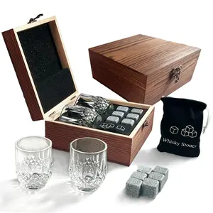 Whisky Stone & Glass Cup Gift Set, 1 Set Whisky Stone with Wooden Box & Storage Bag, Travel Accessories, Bar Accessories for Home & Party [Package List as Picture Shown]