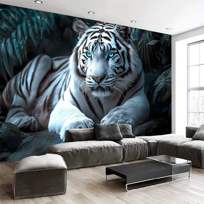 1pc White Tiger Print Wall Tapestry - Artwork Print Tapestries, Majestic Jungle Scene with Glowing Eyes, 85gsm Polyester Fabric, Ideal for Living Room, Bedroom Indoor Wall Hanging Decor