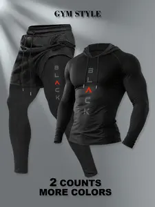 Men's Hooded Long Sleeve T-Shirt + Faux Two-Piece Pants Set, Casual Fall & Winter, Moderate Fabric, Fitted Style