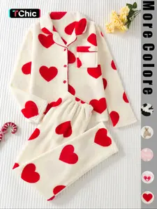 Two-piece Women's All-Over Cartoon Bear Print Lapel Collar Flannel Top & Elastic Waist Pants Pajama Set, Long Sleeve Button Up Top & Pants Set, Women's Sleepwear & Loungewear for Winter