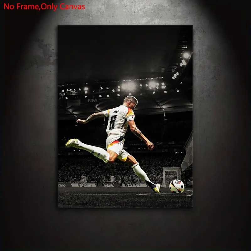 1 piece/set frameless canvas painting print poster, classic realistic style art, Toni Kroos wonderful kicking moment, a perfect gift for football culture enthusiasts, ideal gift for bedroom, living room, dorm hallway, kitchen, mural, wall decoration