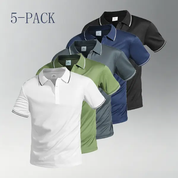 Men's 5-Pack Quick-Dry Polo Shirts - Breathable, Moisture-Wicking Athletic Golf Tops with Button Placket
