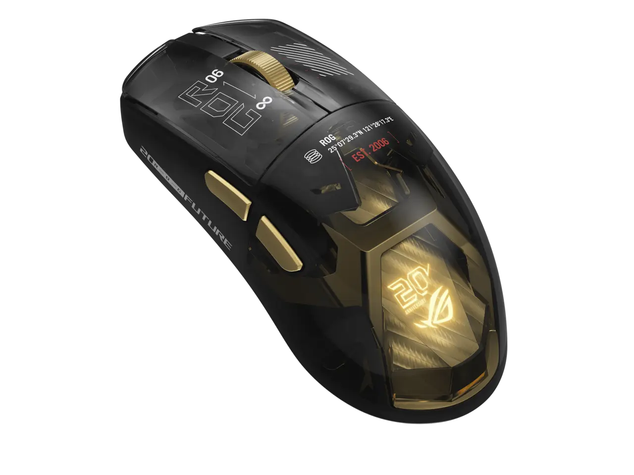 ASUS ROG 20th Edition Harpe II Extreme - Wireless Esports Gaming Mouse - 82g Lightweight, Tri-Mode Connectivity, 65K DPI, 8K Hz Polling, 24K Gold-Plated, Web Config - Gold/Black