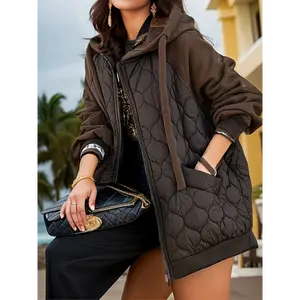 Quilted Jacket for Women with Fish Scale Pattern, Elegant Padded Polyester Outerwear with a Drawstring Hood and Long Sleeves for Winter