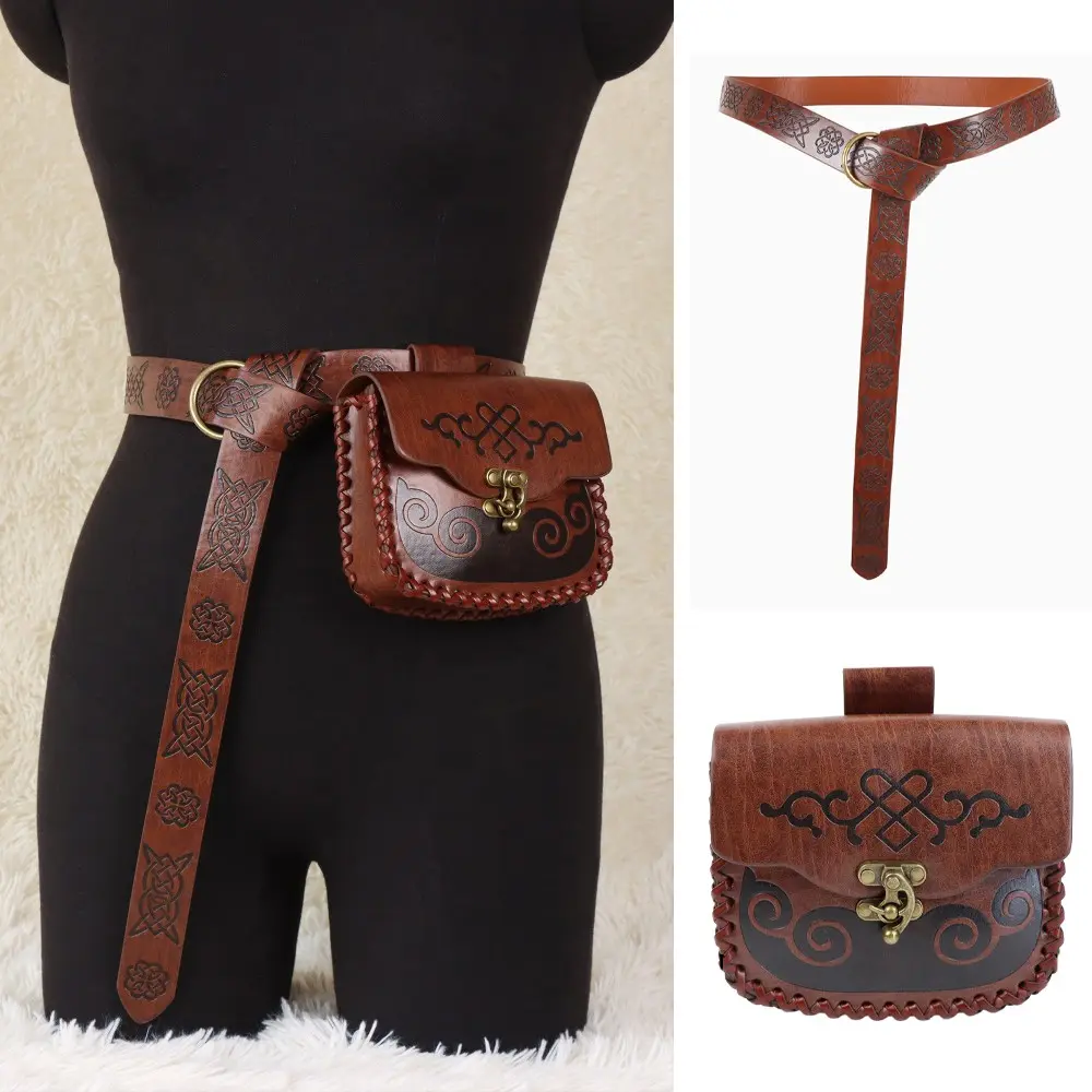 2pcs Vintage Celtic PU Leather Belt Bag Set, Medieval Knight Style Embossed Belt, European Style Belt, Fashion Belts, Design Belt, Floral and Geometric Patterns, Perfect for Daily Use and Halloween Costume Accessories